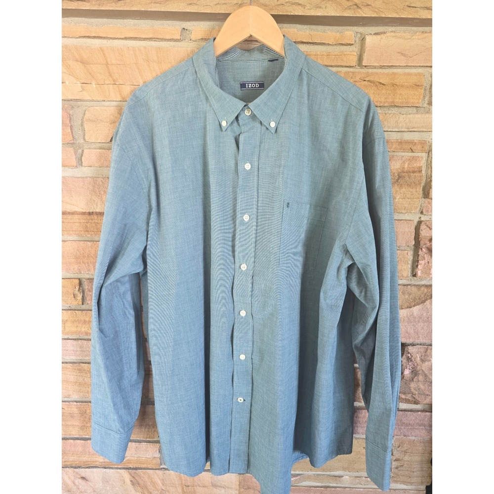 Izod Mens Long Sleeve Button Down Shirt Blue Micro Check Pocket XL